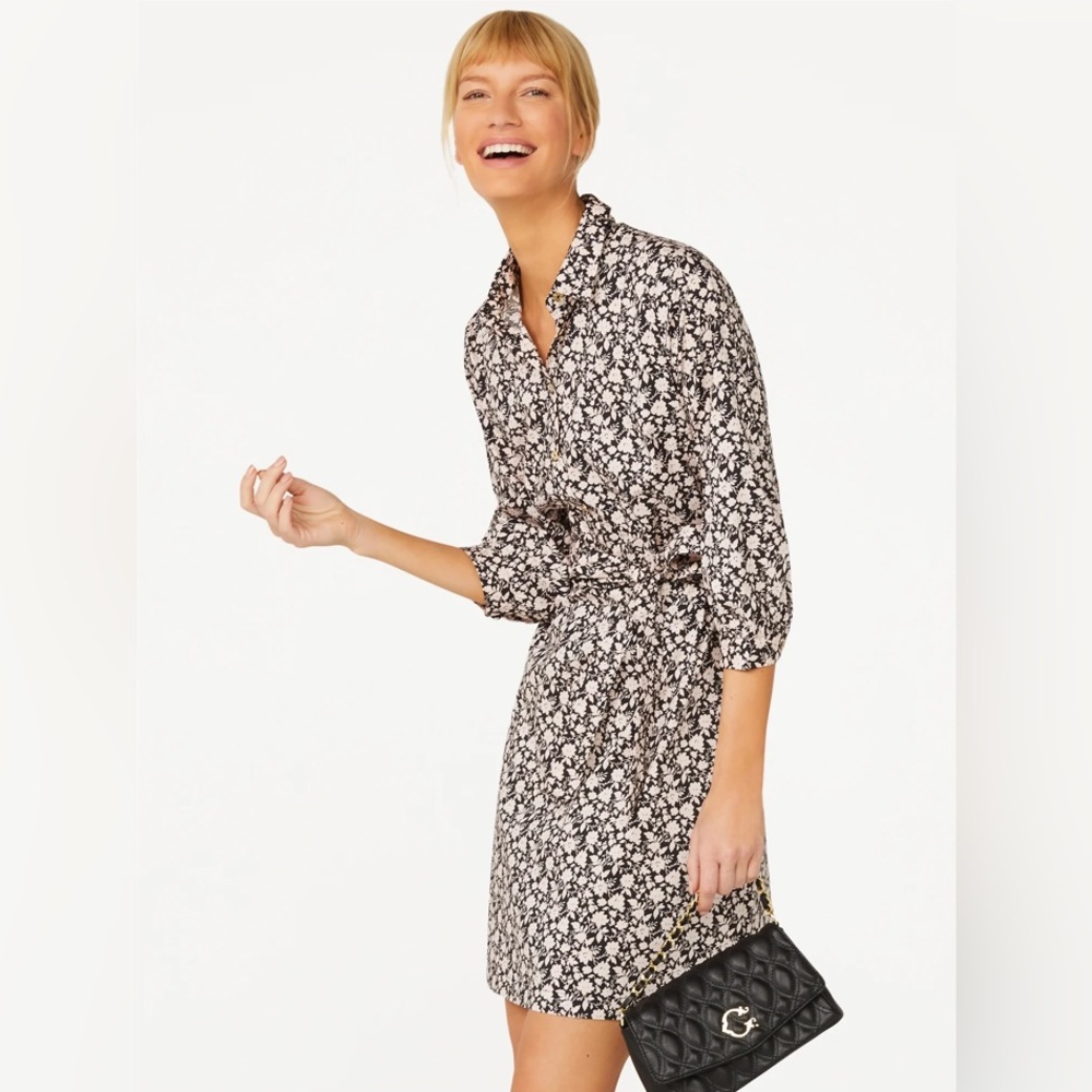 C. Wonder A-Line Tie Waist Dress with 3/4 Sleeves - Pink/Black Floral - XS